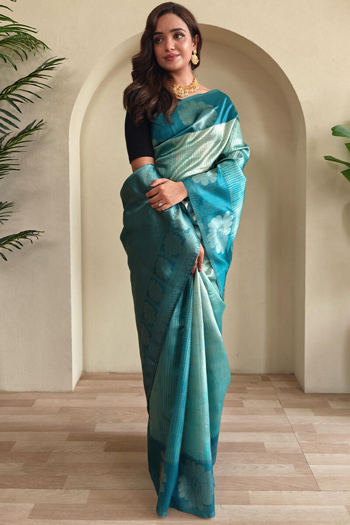 Greenish Blue Silver Zari Woven Printed Silk Saree