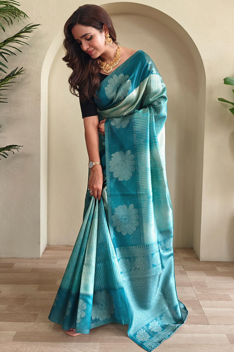 Greenish Blue Silver Zari Woven Printed Silk Saree