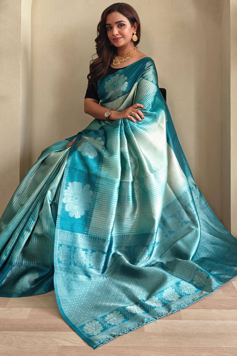 Greenish Blue Silver Zari Woven Printed Silk Saree