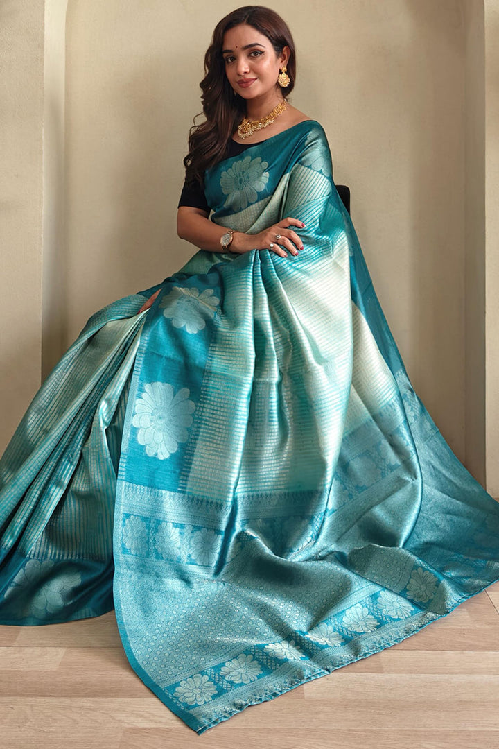 Greenish Blue Silver Zari Woven Printed Silk Saree