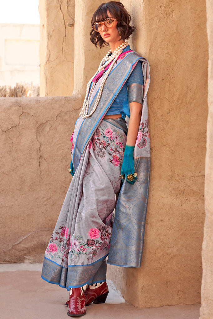 Grey and Blue Zari Woven Printed Georgette saree
