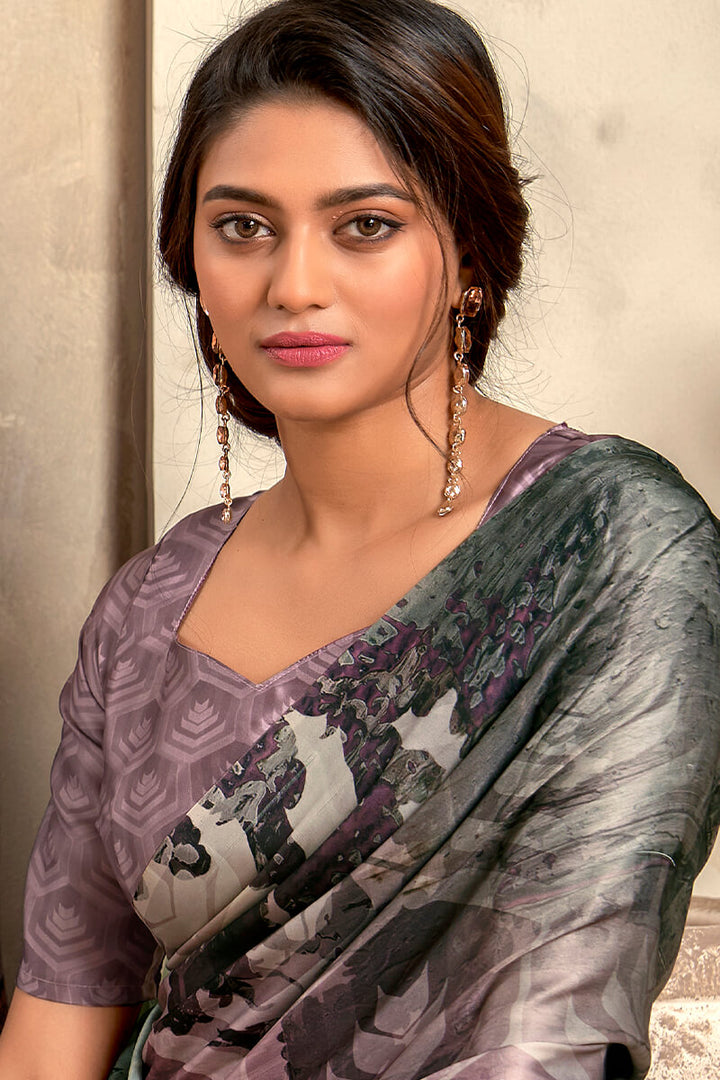 Grey and Lavender Printed Soft Satin Silk Saree