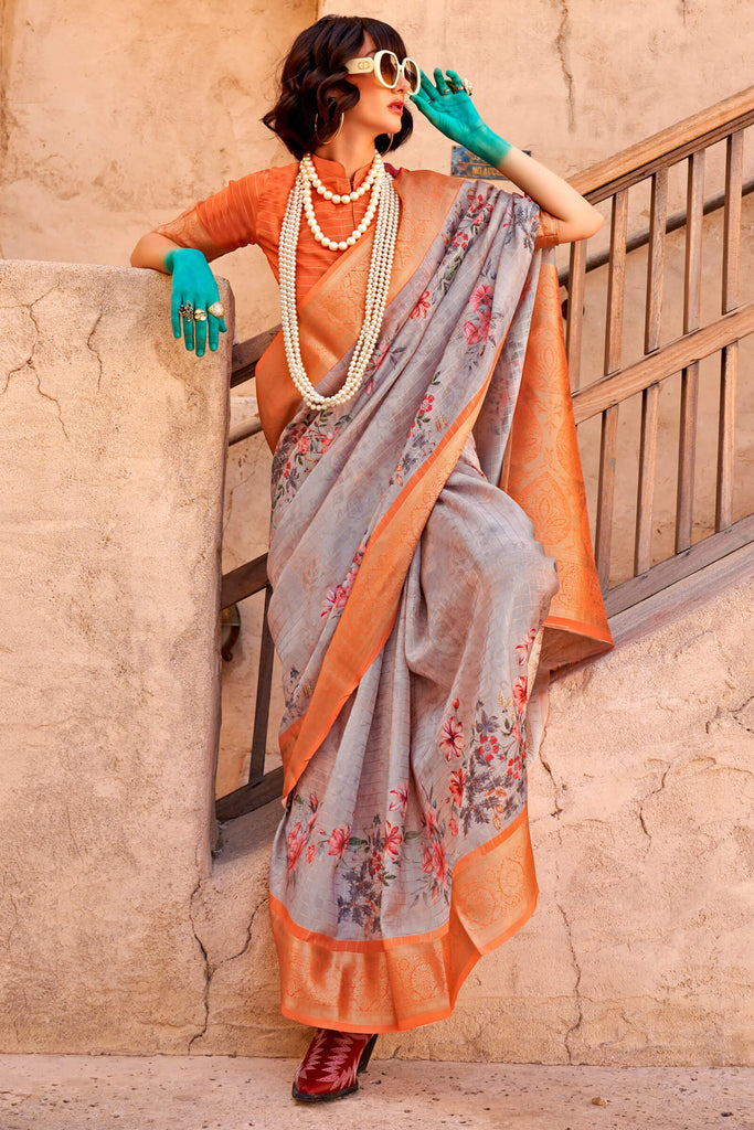 Grey and Orange Zari Woven Printed Georgette saree