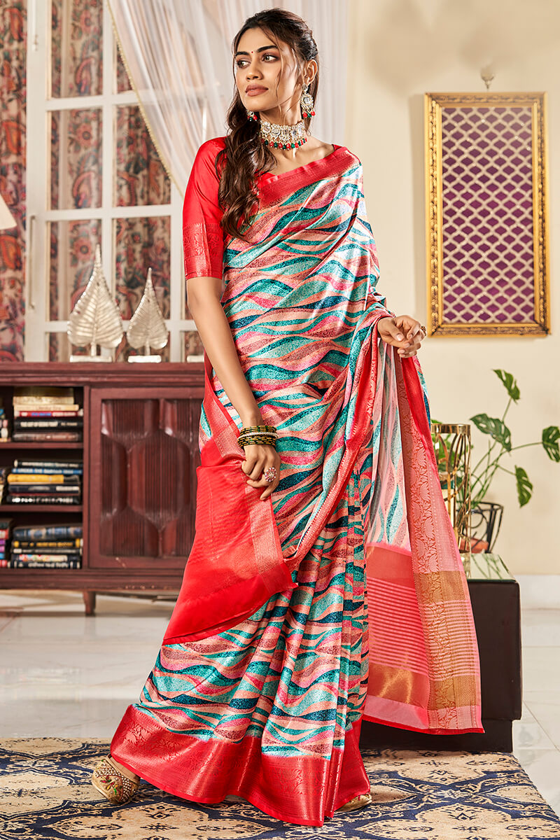 Grey and Red Printed Satin Silk Saree