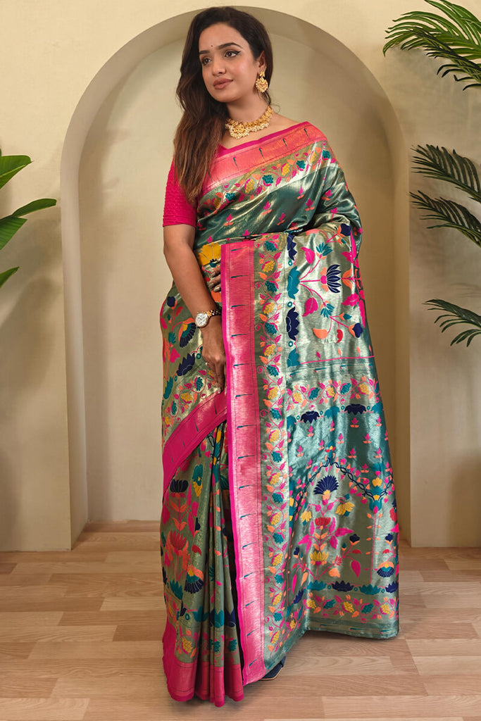 Greyish Turquoise Paithani Silk Saree