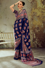 Haiti Blue Ajrakh Printed Satin Silk Saree