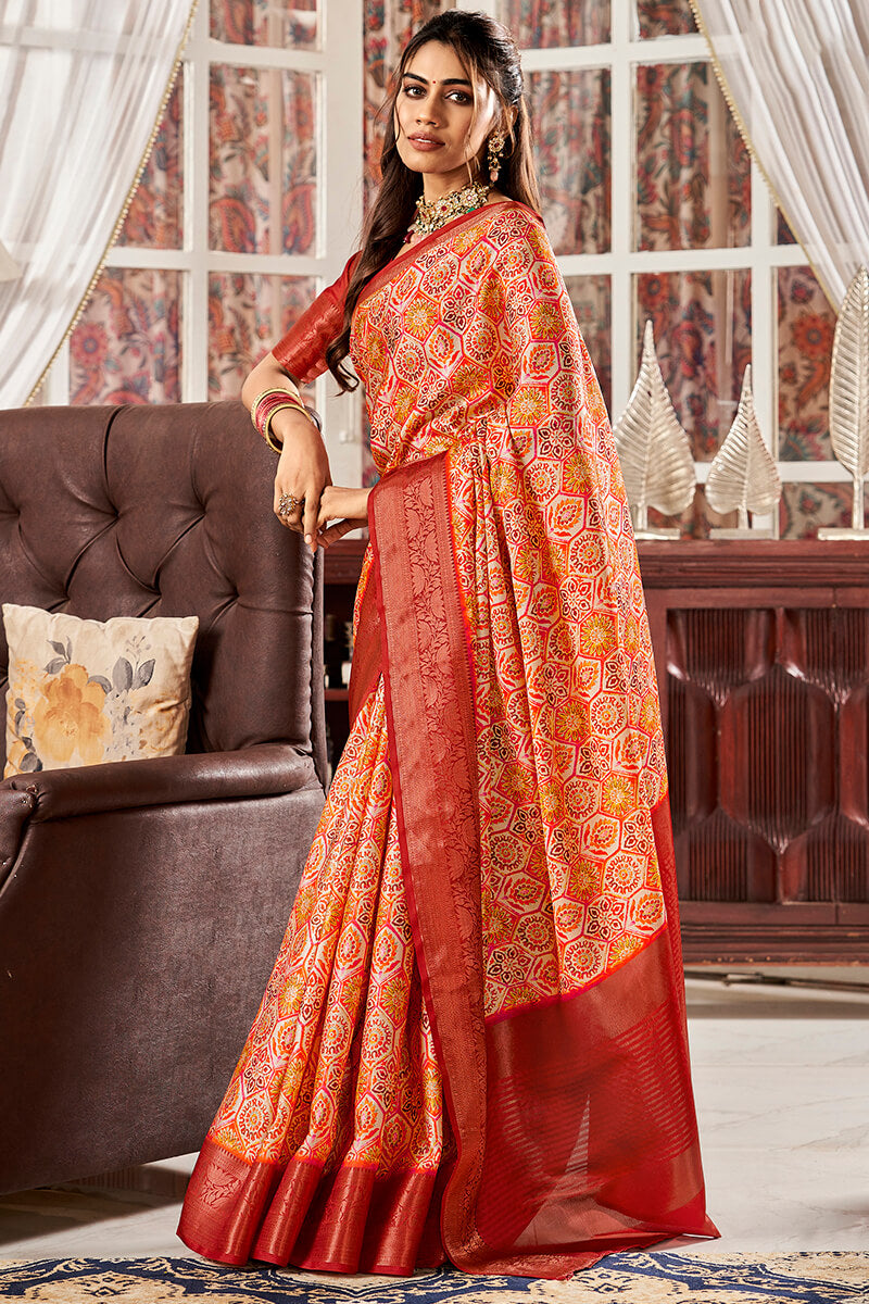 Halloween Orange Printed Satin Silk Saree