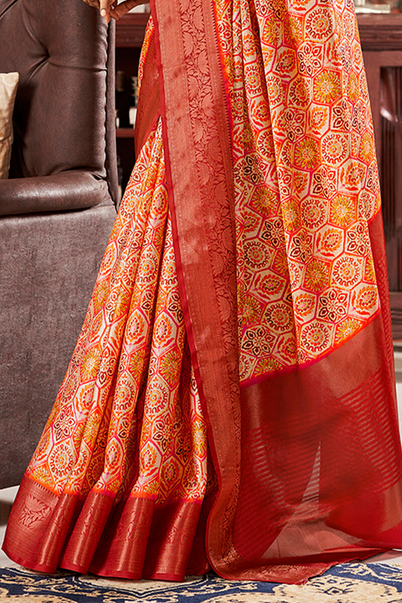 Halloween Orange Printed Satin Silk Saree