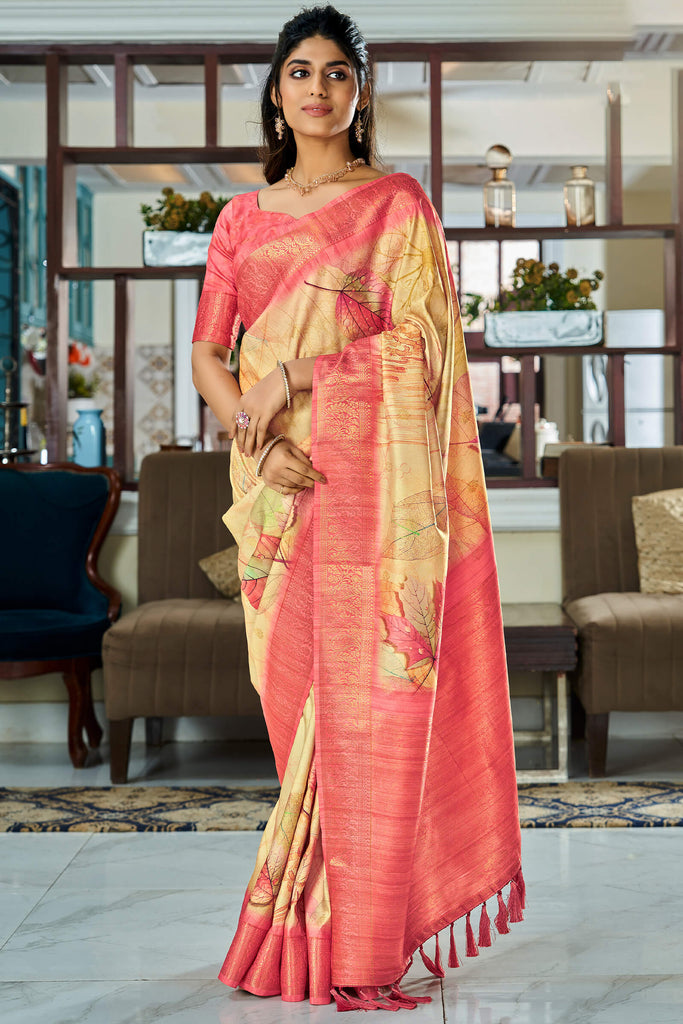 Hampton Beige Handloom Woven Digital Printed Soft Silk Saree