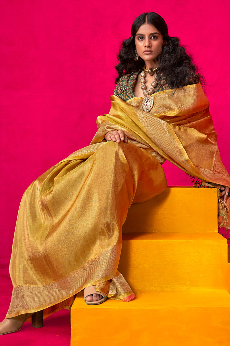 Harvest Gold Tissue Silk Saree With Embroidery Blouse Piece