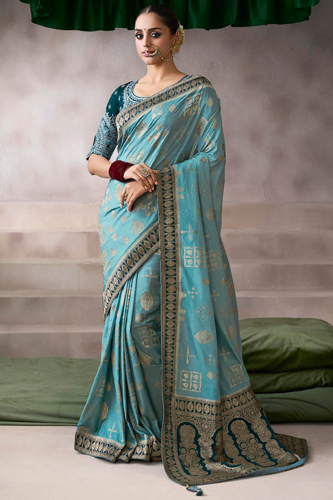 Hippie Blue Zari Woven Pure Crape Silk Saree with Designer Blouse Piece