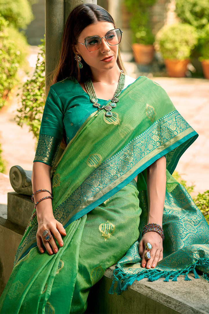 Hippie Green Zari woven Banarasi Tissue Silk Saree