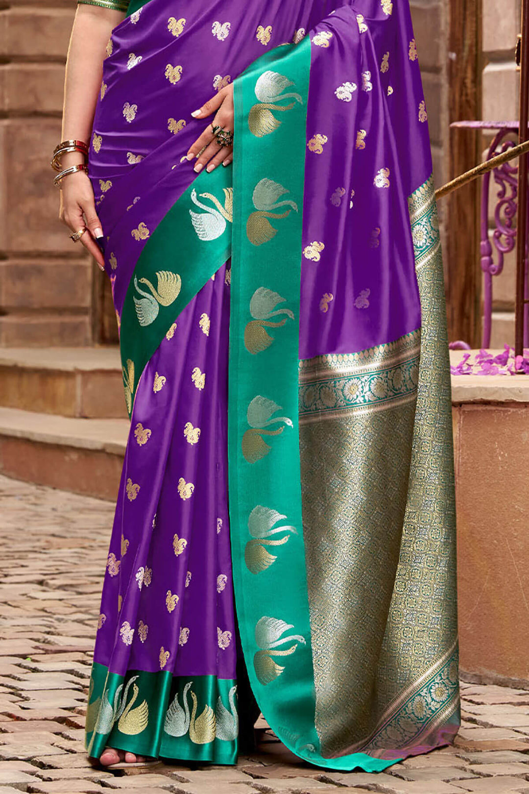 Honey Flower Purple Satin Silk Saree