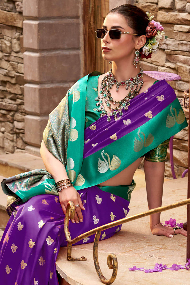 Honey Flower Purple Satin Silk Saree