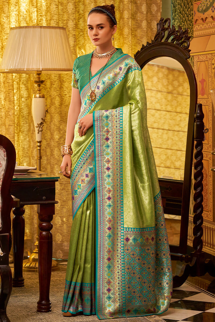 Icky Green Zari Woven Tissue Silk Saree