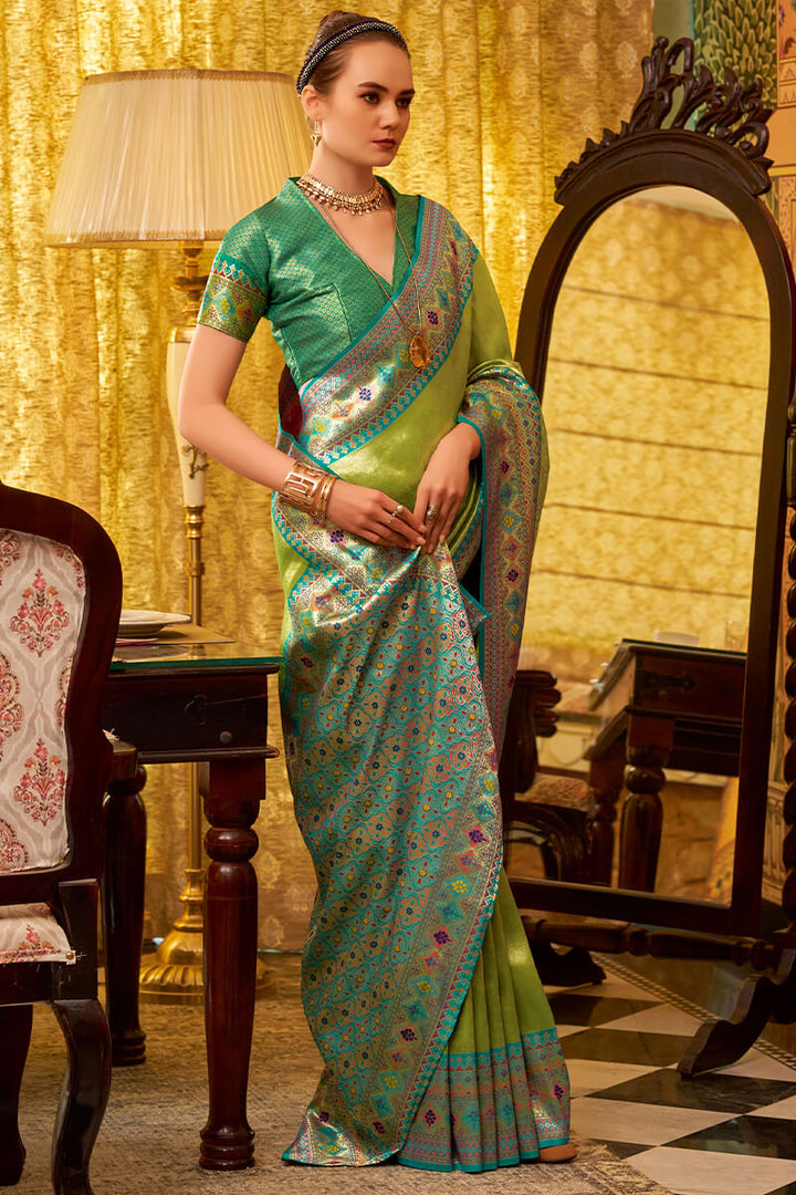 Icky Green Zari Woven Tissue Silk Saree