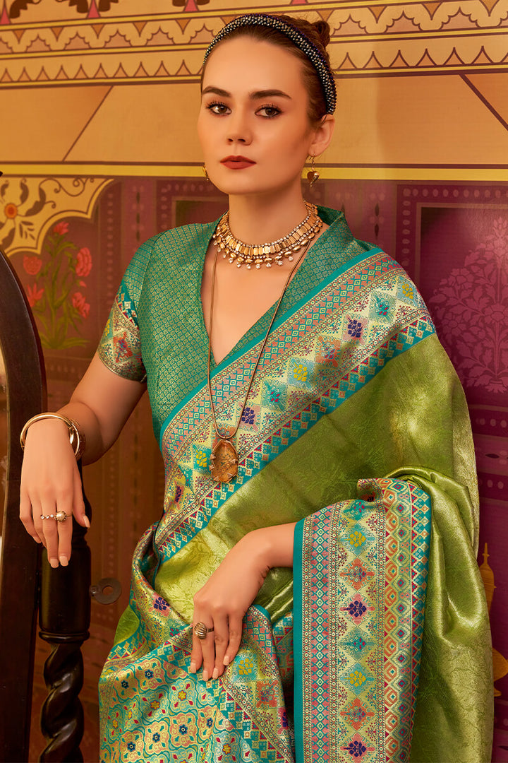 Icky Green Zari Woven Tissue Silk Saree