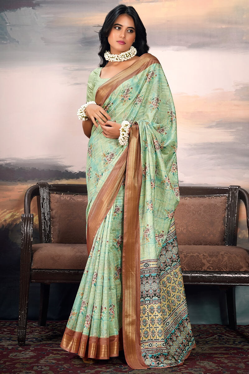 Iguana Green Digital Printed Cotton Saree