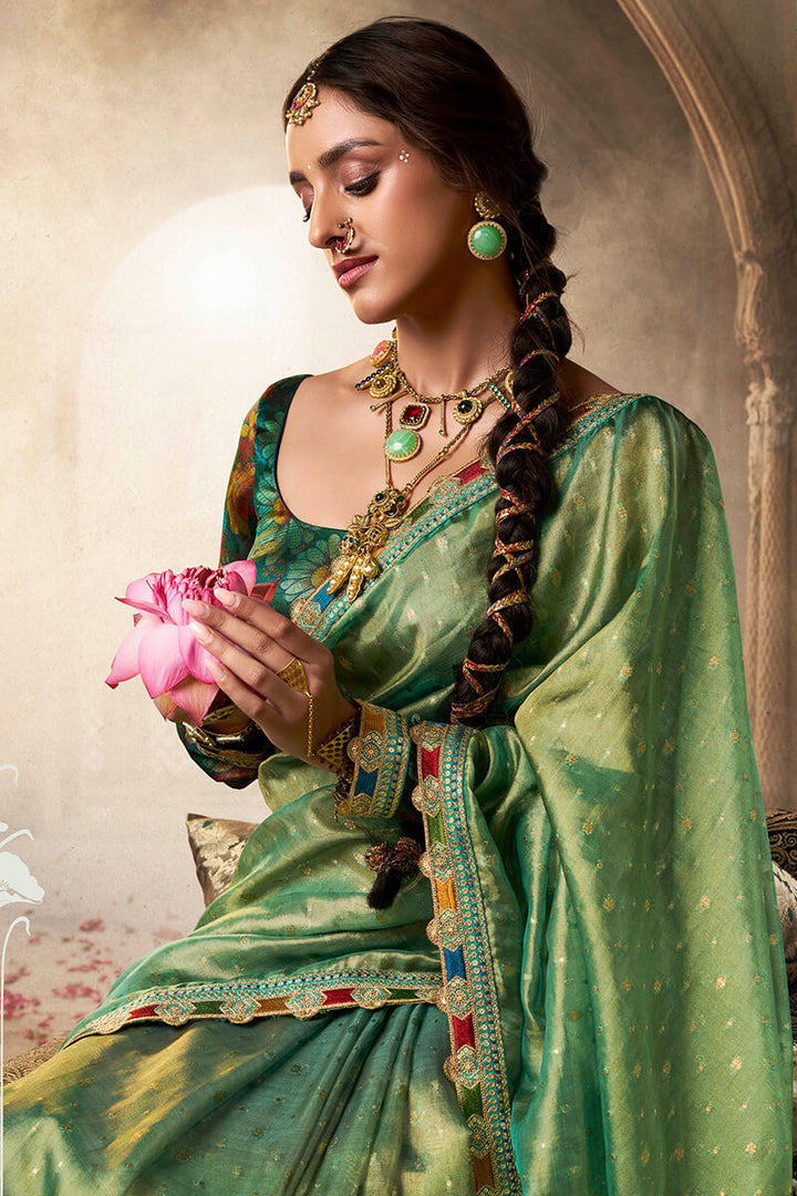 Iguana Green Pure Tissue Silk Saree with Multicolor Lace Border