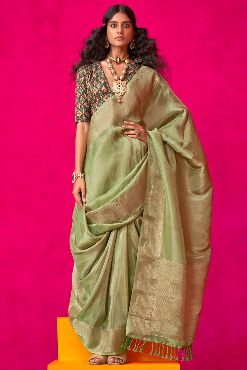 Iguana Green Tissue Silk Saree With Embroidery Blouse Piece