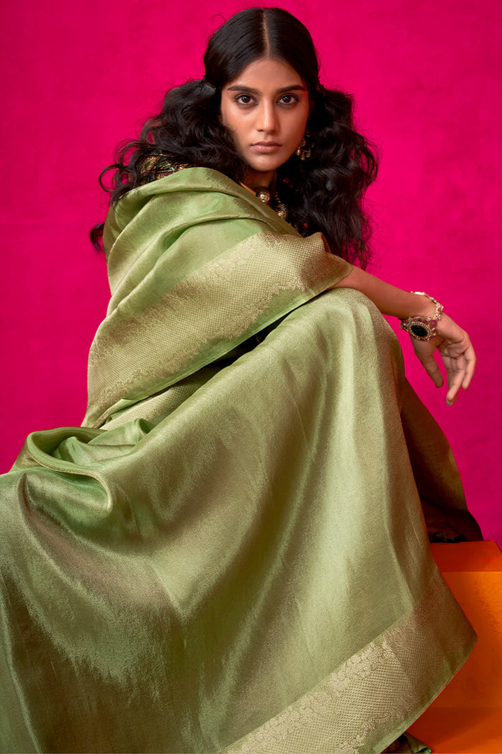 Iguana Green Tissue Silk Saree With Embroidery Blouse Piece