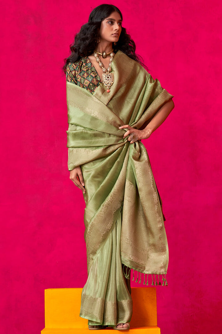 Iguana Green Tissue Silk Saree With Embroidery Blouse Piece