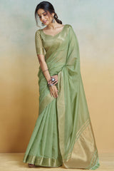 Iguana Green Zari Woven Khadi Silk Saree