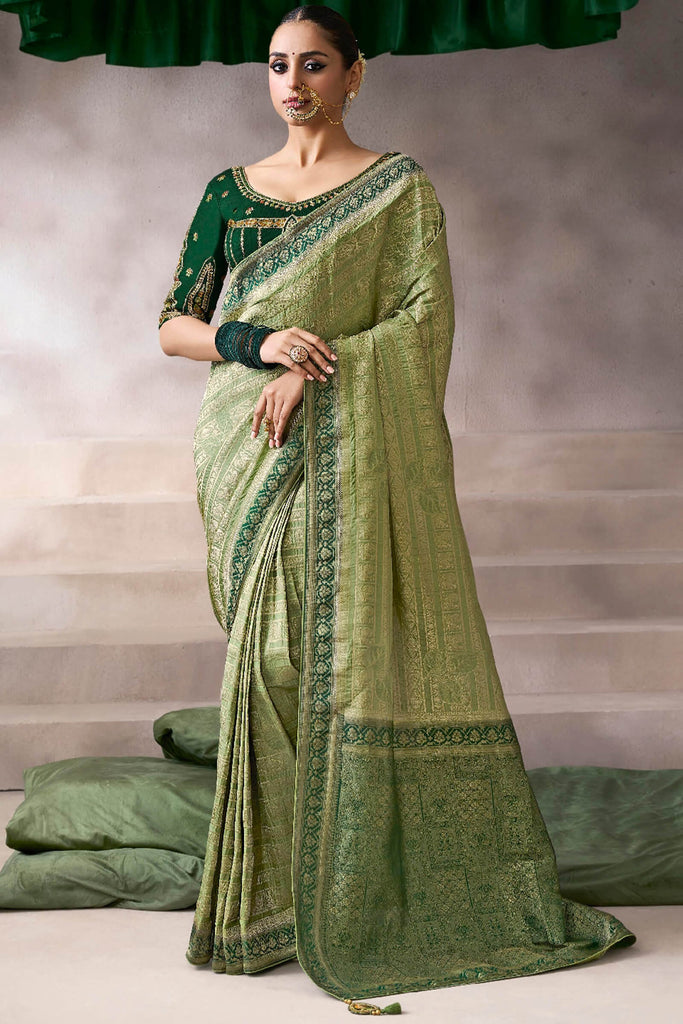 Iguana Green Zari Woven Pure Crape Silk Saree with Designer Blouse Piece