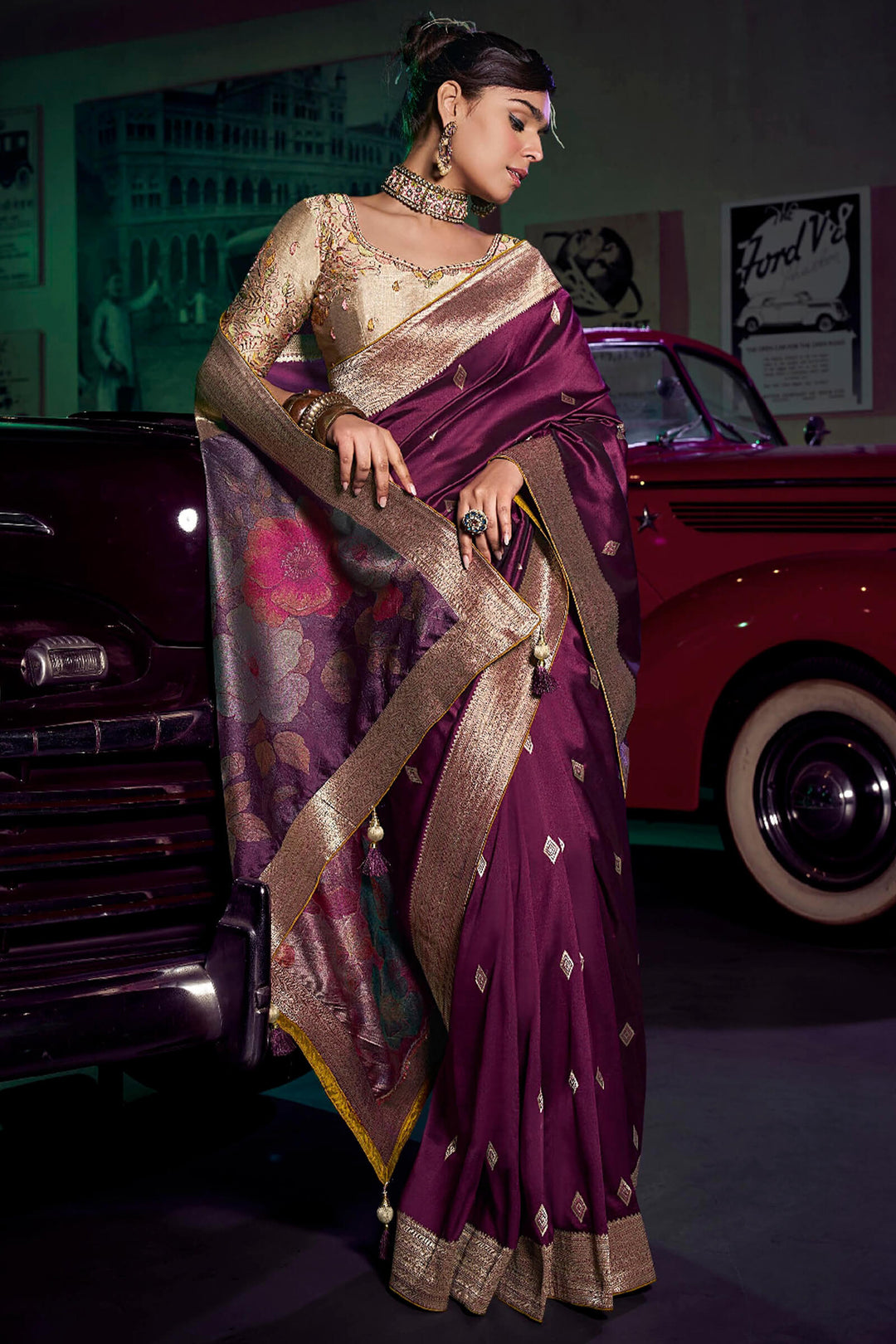 Imperial Wine Banarasi Pure Silk Saree with Designer Embroidery Blouse Piece