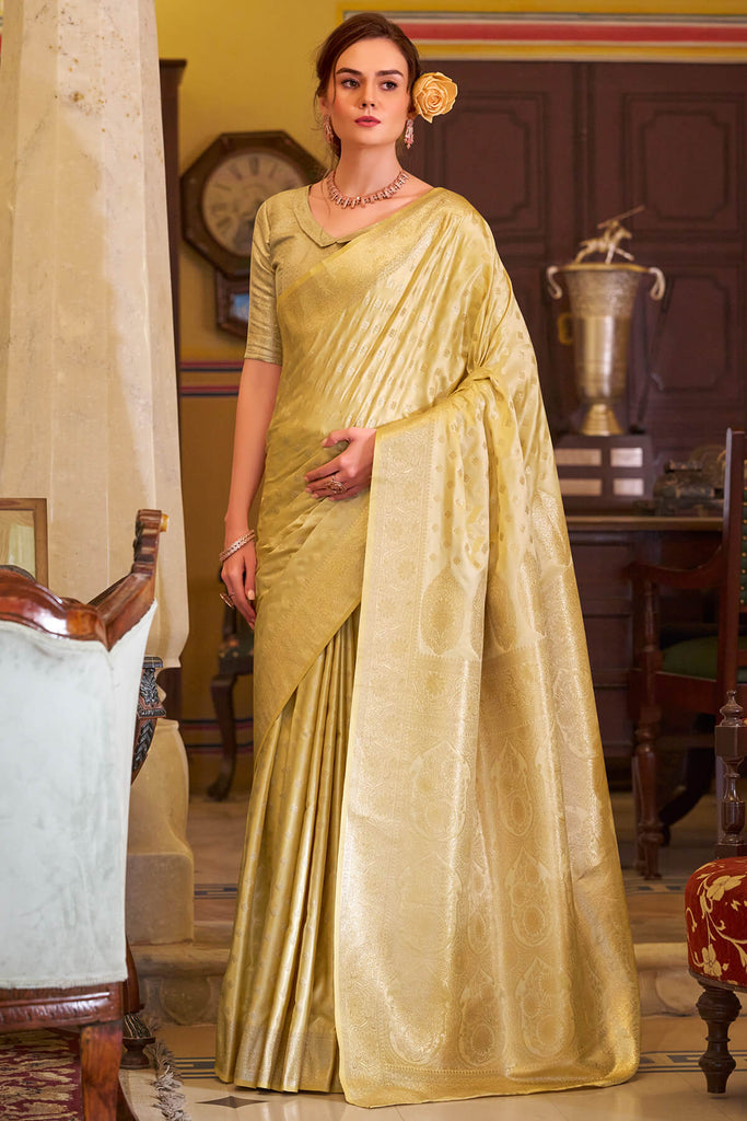Indian Yellow Banarasi Satin Silk Saree