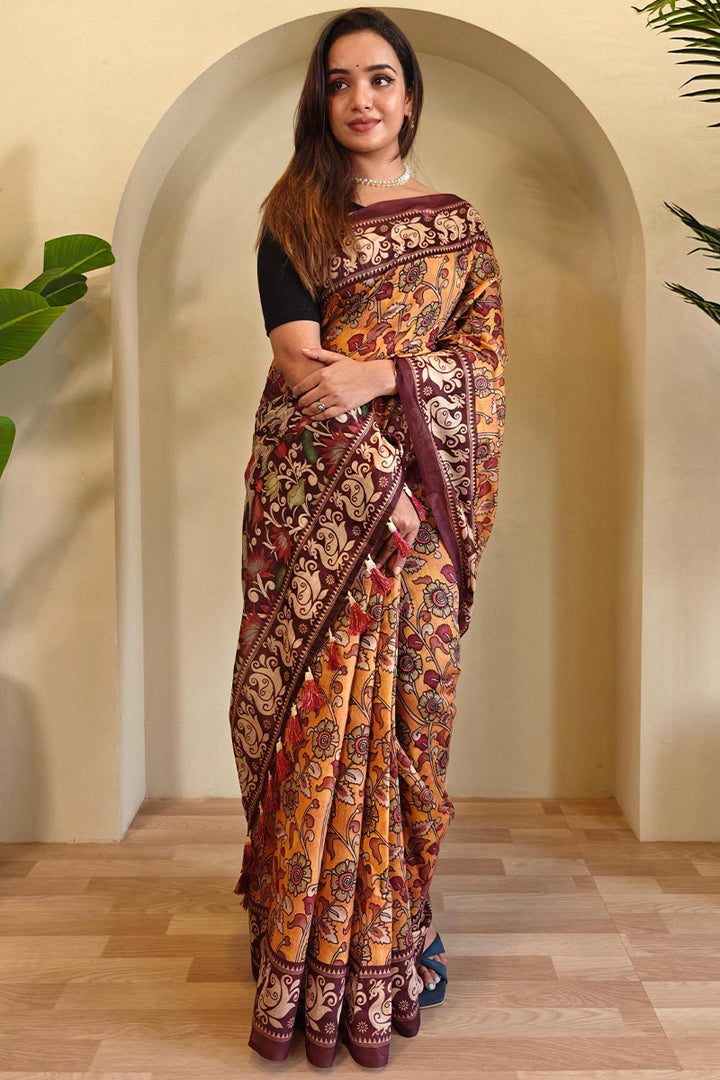 Indian Yellow Kalamkari Printed Chanderi Cotton Saree