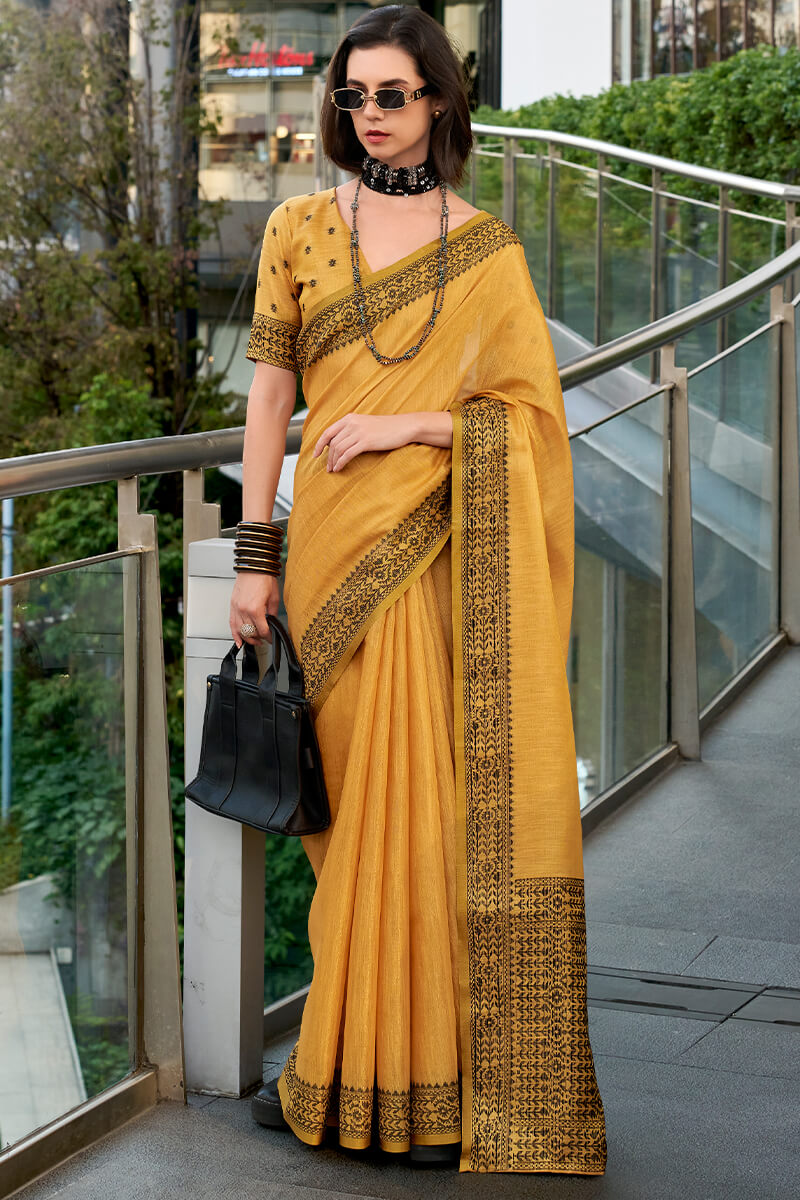 Indian Yellow Linen Tissue Silk Saree