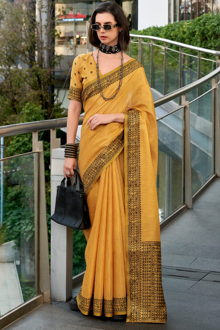 Indian Yellow Linen Tissue Silk Saree