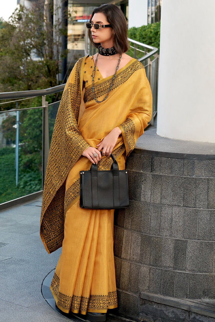 Indian Yellow Linen Tissue Silk Saree