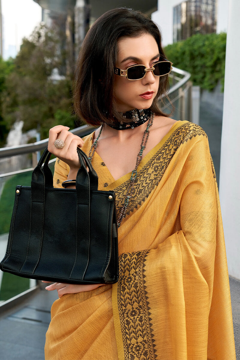 Indian Yellow Linen Tissue Silk Saree