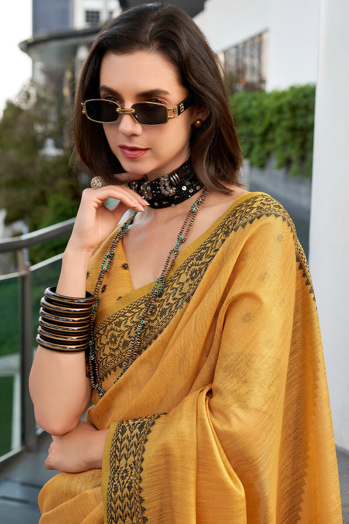 Indian Yellow Linen Tissue Silk Saree
