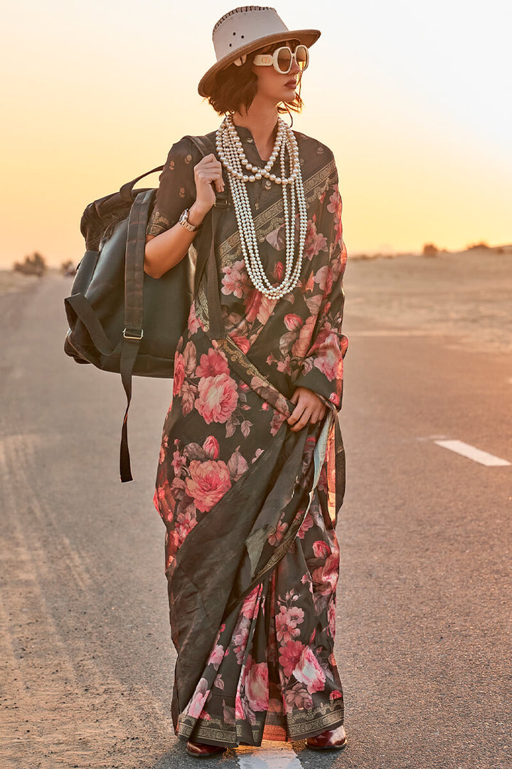 Irish Black Printed Tussar Silk Saree