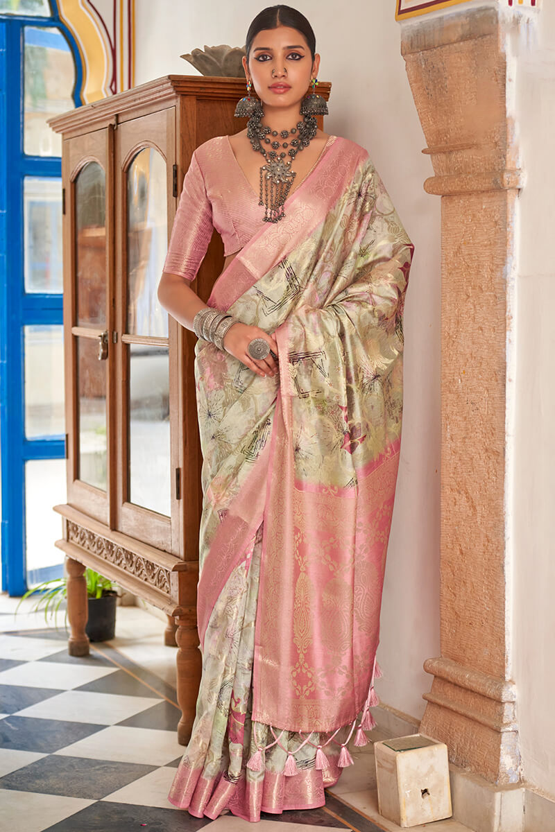 Ivory Beige Zari Woven Digital Printed Soft Cotton Silk Saree