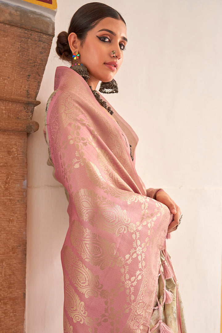 Ivory Beige Zari Woven Digital Printed Soft Cotton Silk Saree