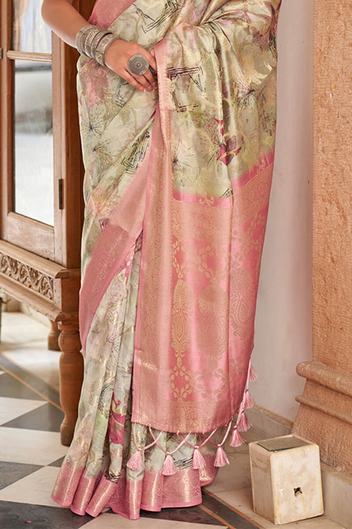 Ivory Beige Zari Woven Digital Printed Soft Cotton Silk Saree