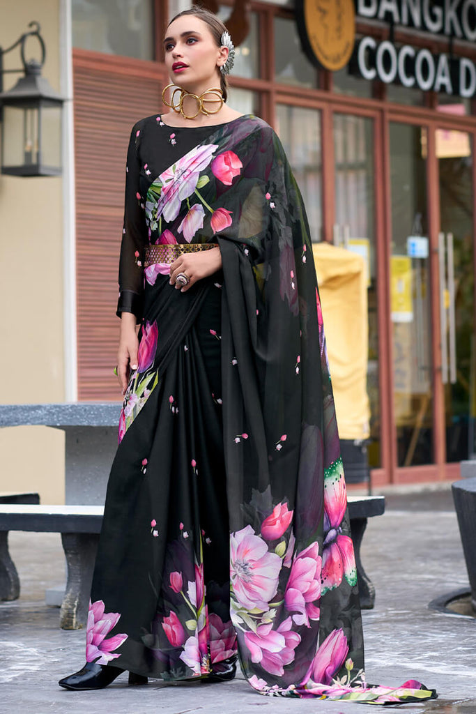 Jaguar Black Printed Georgette Silk Saree