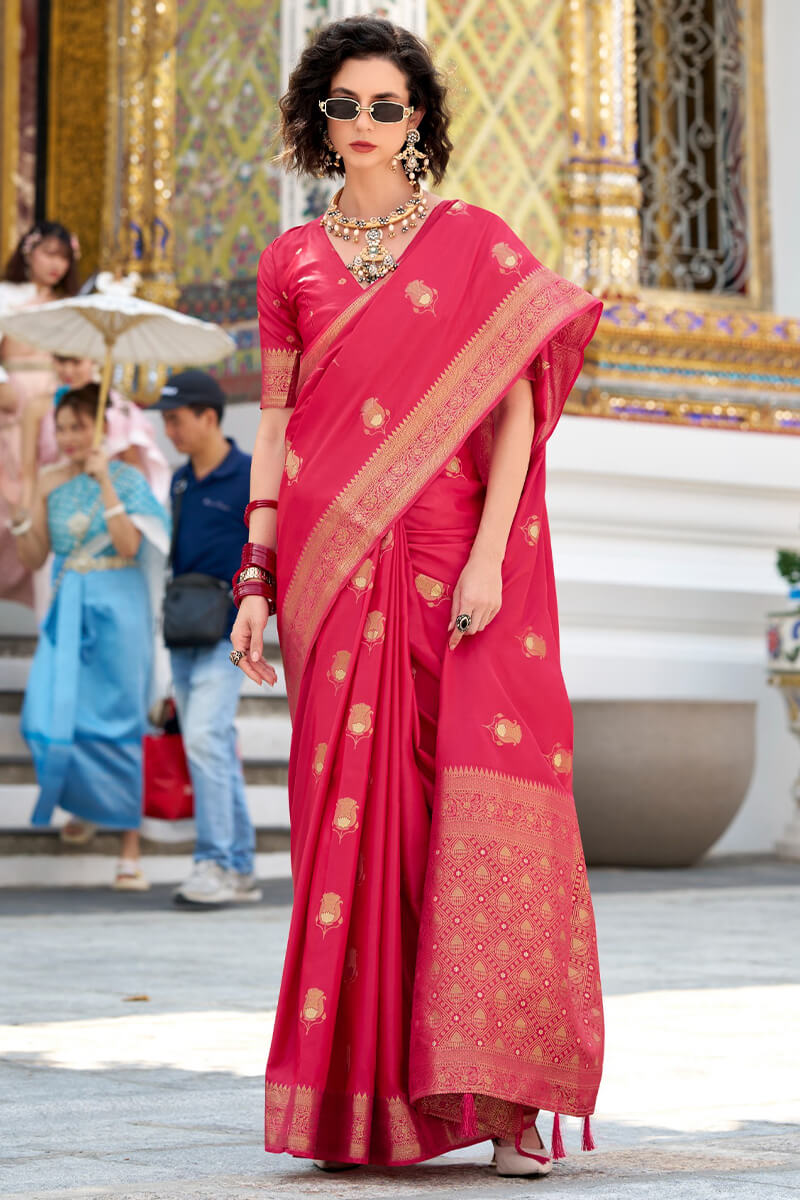 Jasper Pink Zari Woven Banarasi Satin Silk Saree