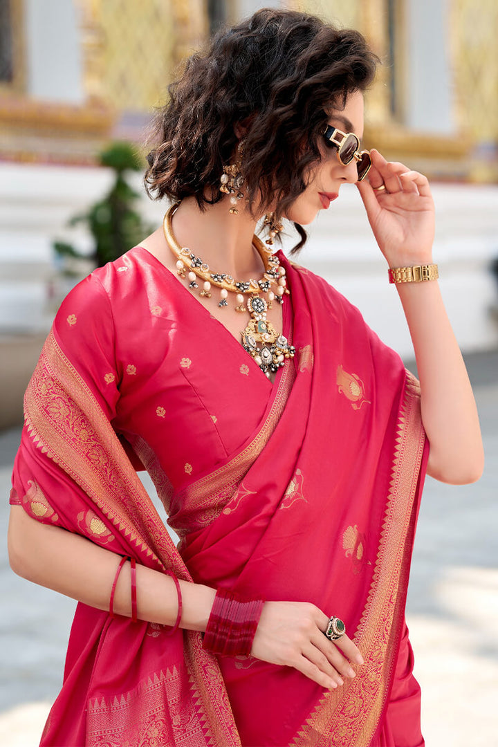 Jasper Pink Zari Woven Banarasi Satin Silk Saree