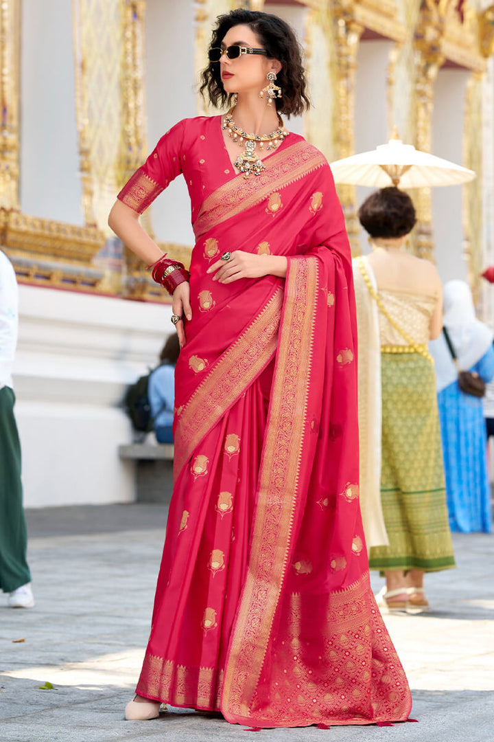 Jasper Pink Zari Woven Banarasi Satin Silk Saree