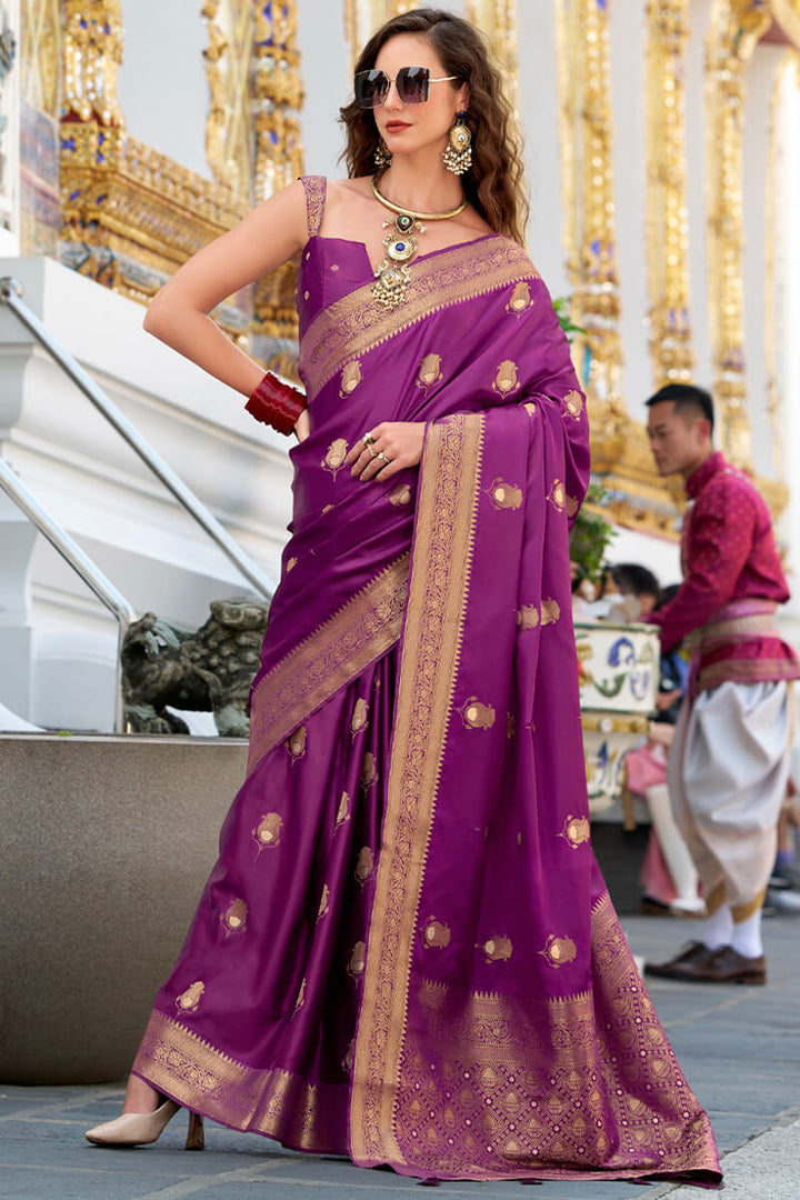 Jazzberry Purple Zari Woven Banarasi Satin Silk Saree