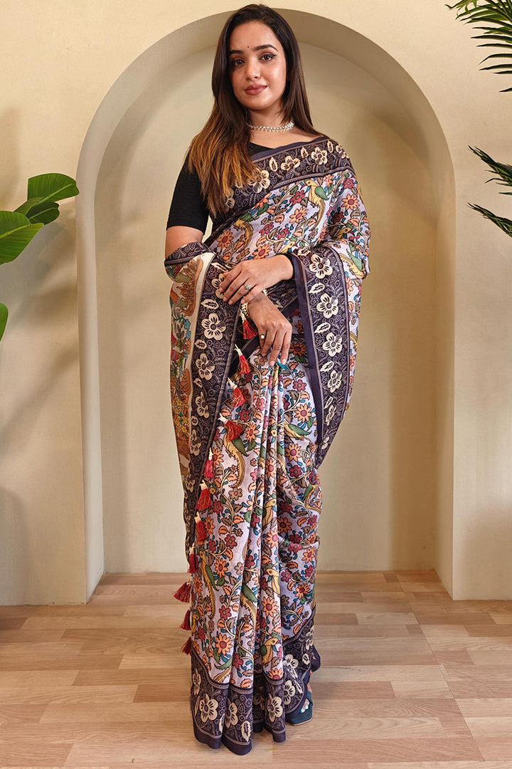 Languid Lavender Kalamkari Printed Chanderi Cotton Saree