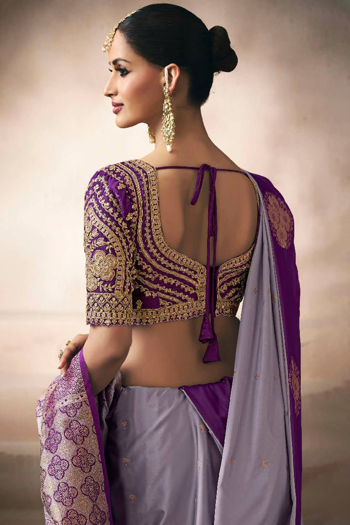 Languid Lavender Zari Woven Satin Silk Saree With Heavy Embroidery Blouse Piece
