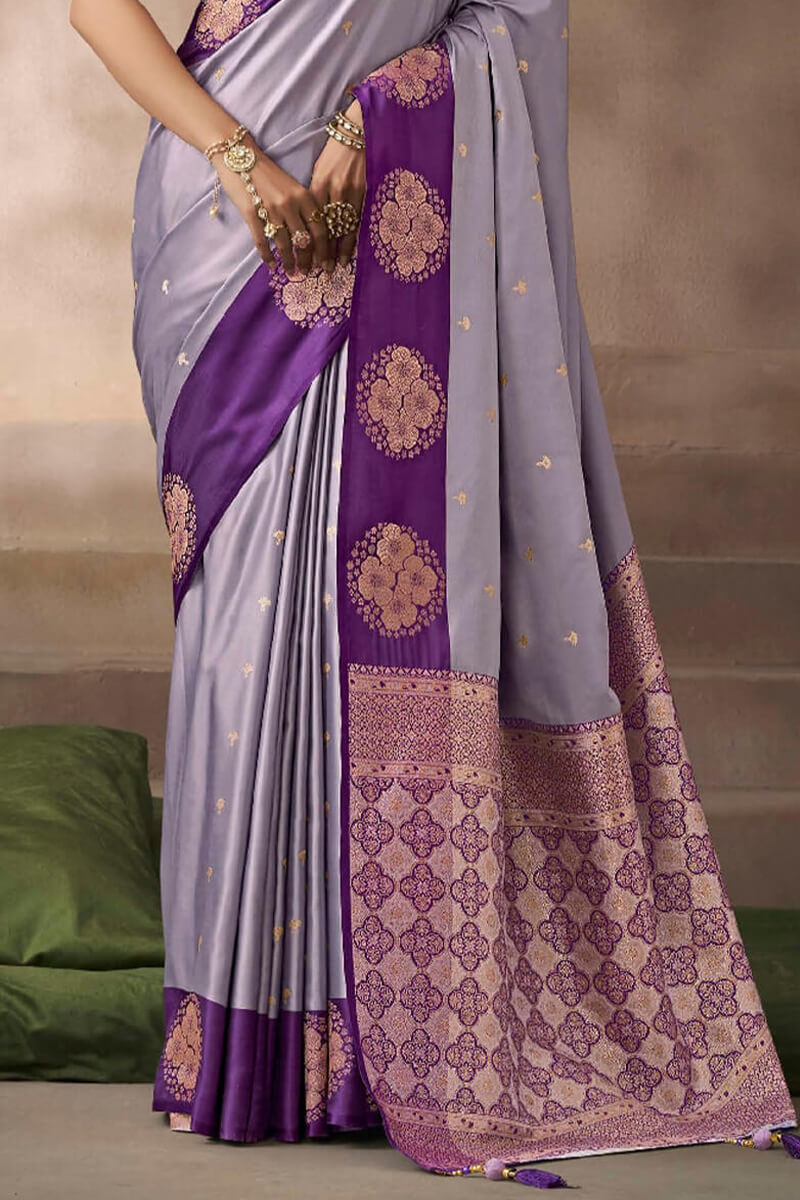 Languid Lavender Zari Woven Satin Silk Saree With Heavy Embroidery Blouse Piece