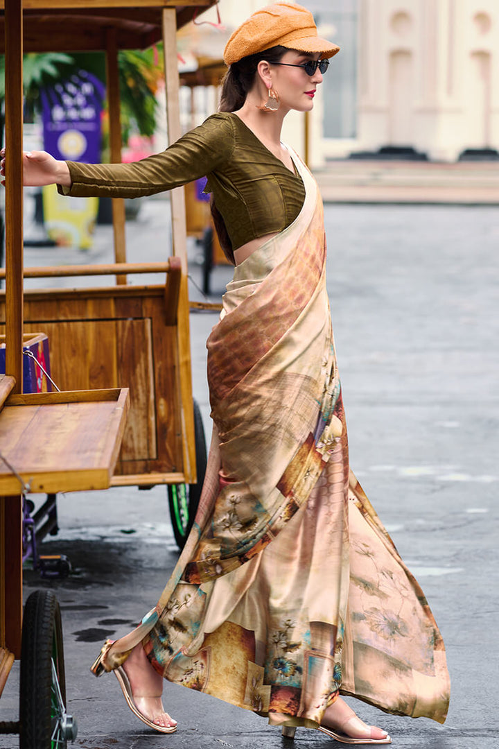 Light Brown Printed Satin Crepe Silk Saree
