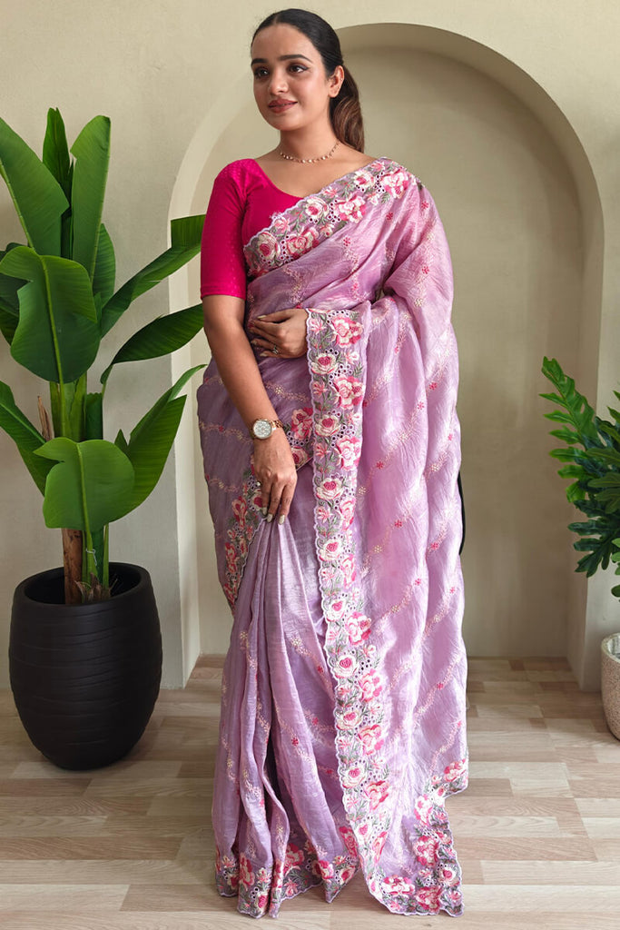 Light Lavender Embroidered Work Pure Crush Silk Saree